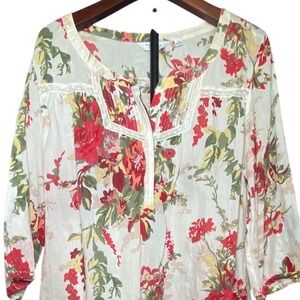 Great Northwest Indigo Womens Plus 1X Floral Cotton Gauze Boho Blouse Lace Trim